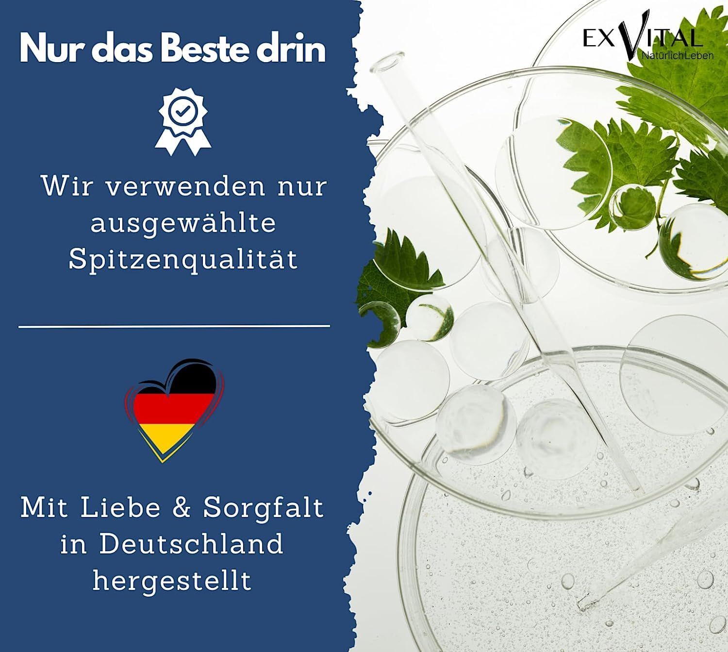 Sfondo blu con testo: Solo il meglio dentro. Qualità superiore selezionata. Cuore con bandiera tedesca. Prodotto in Germania con amore e cura.