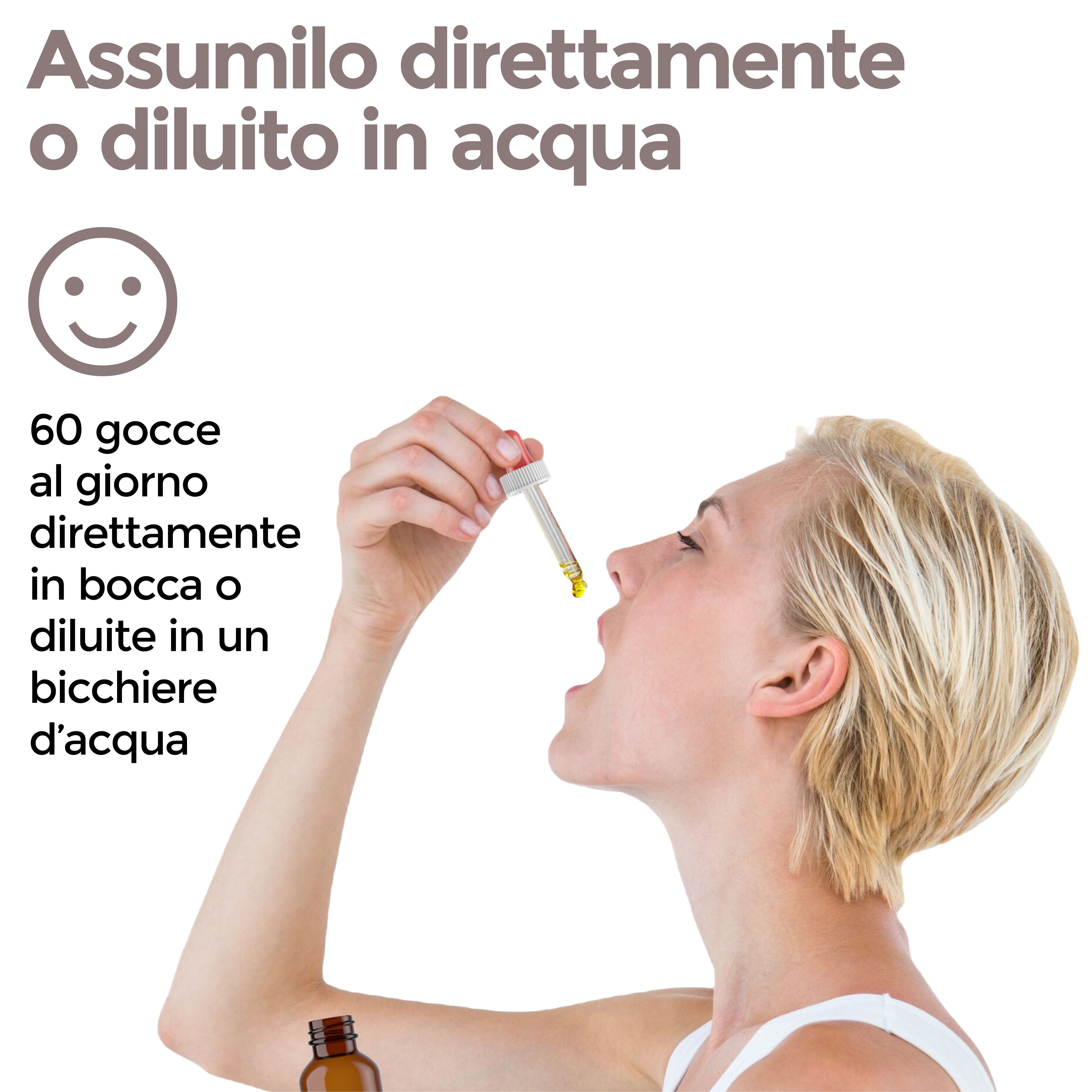 Donna che prende gocce da una pipetta in bocca. Testo: 60 gocce al giorno, direttamente o diluite in acqua.