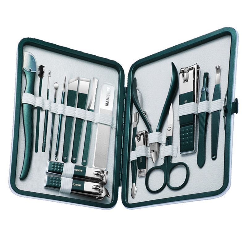 Set manicure verde scuro con 16 strumenti in una custodia pieghevole.