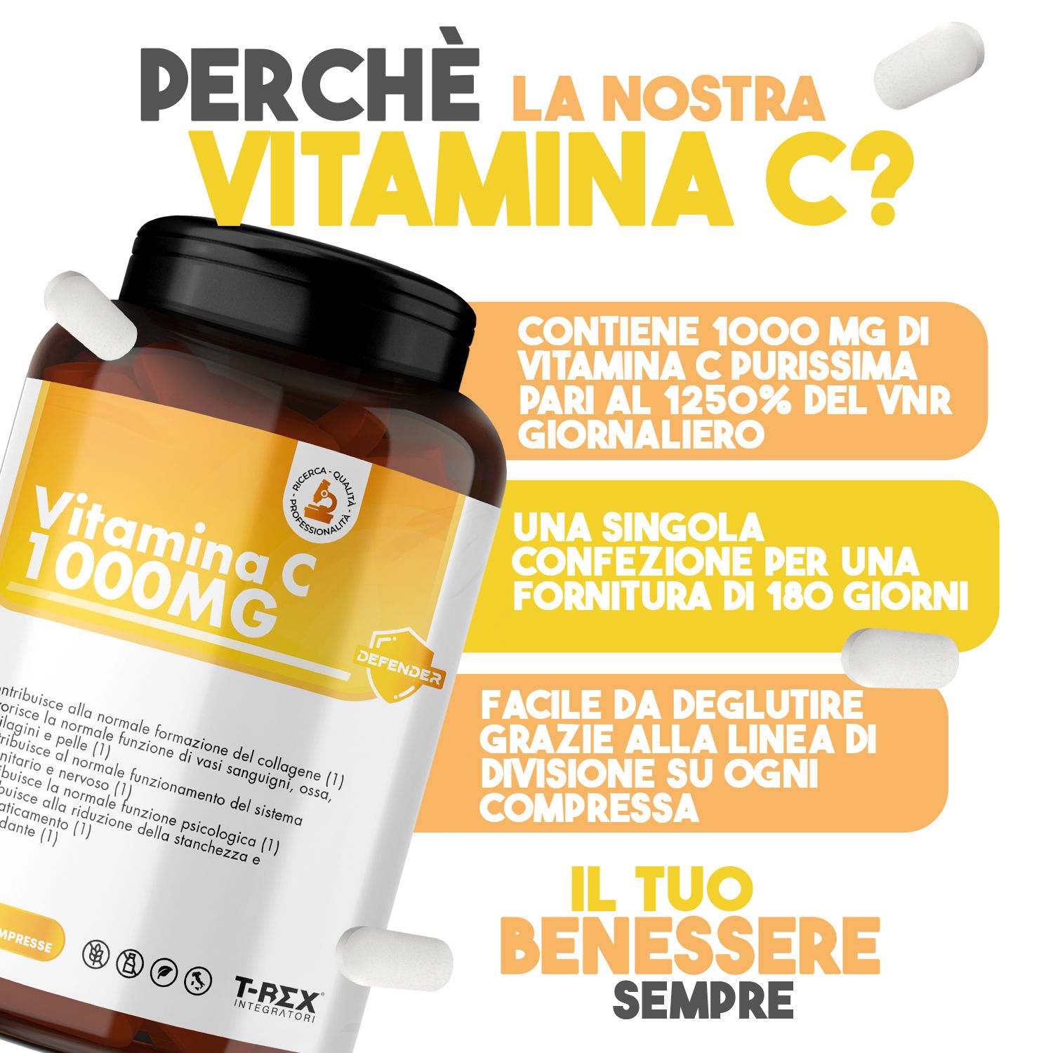 Pubblicità per Vitamina C 1000mg. Contiene 1000mg di Vitamina C. 180 compresse per confezione.