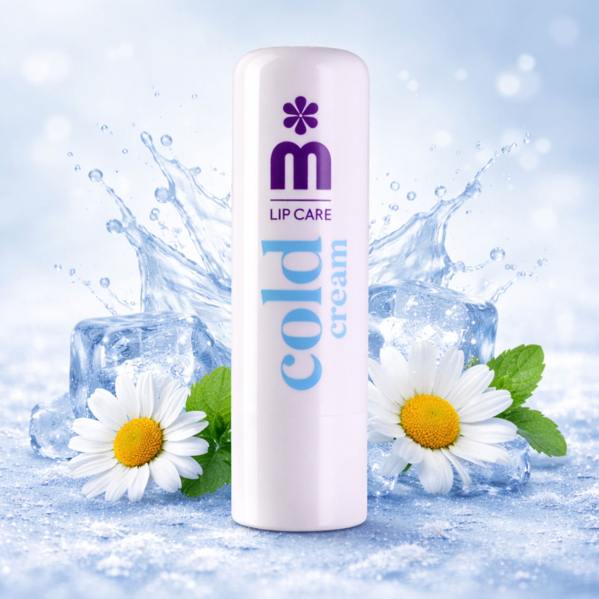 Stick di balsamo labbra bianco con cubetti di ghiaccio, margherite e spruzzi d'acqua.