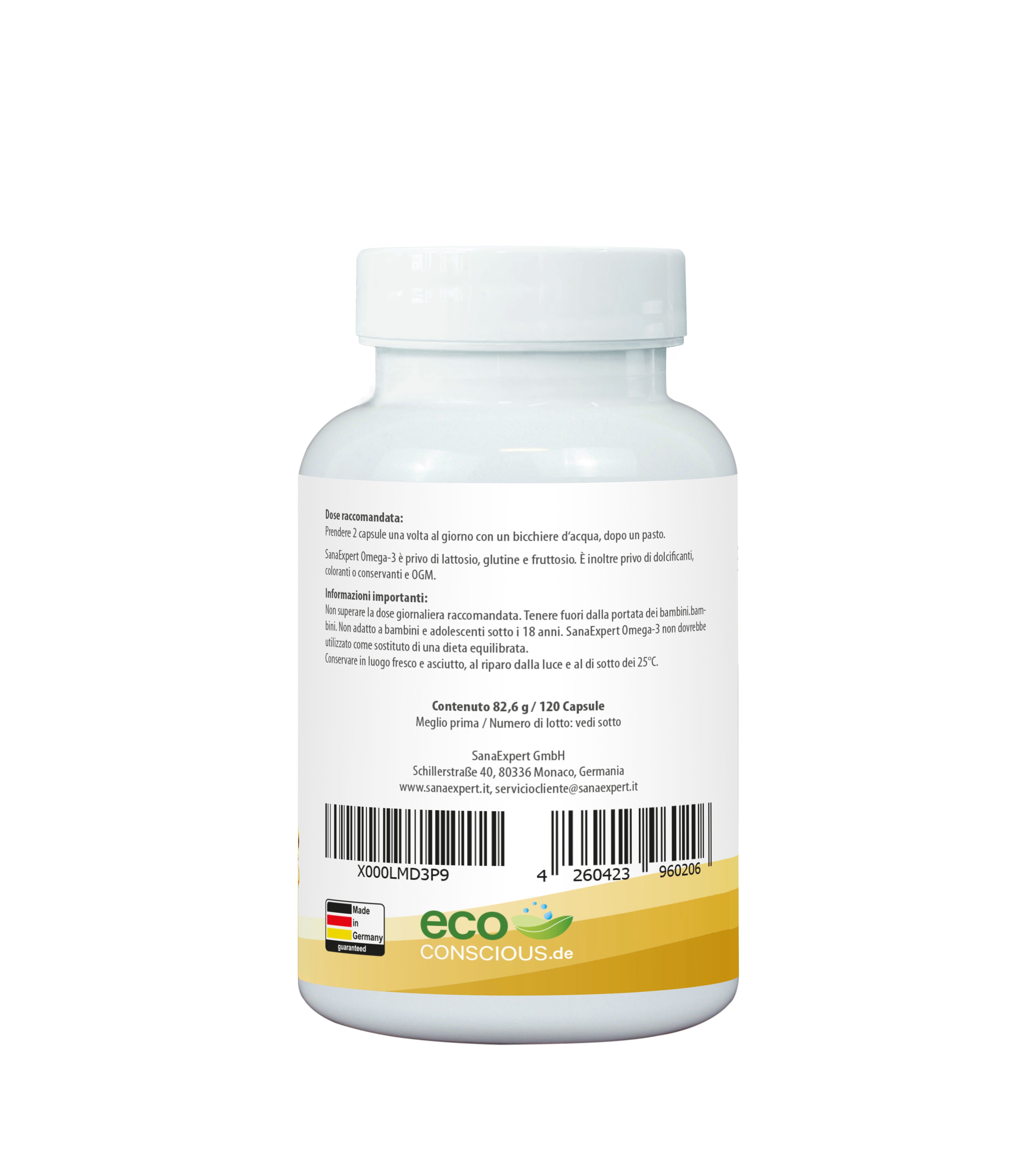 Retro della bottiglia SanaExpert Omega-3. Informazioni, codice a barre, marchio Eco.