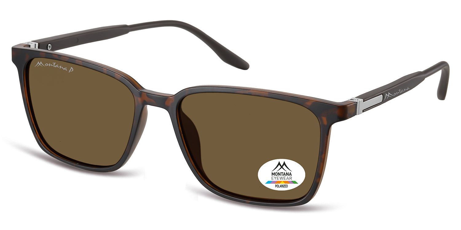 Occhiali da sole marroni con montatura marrone. Sulla lente destra è presente un adesivo con logo e scritta 'Polarized'.