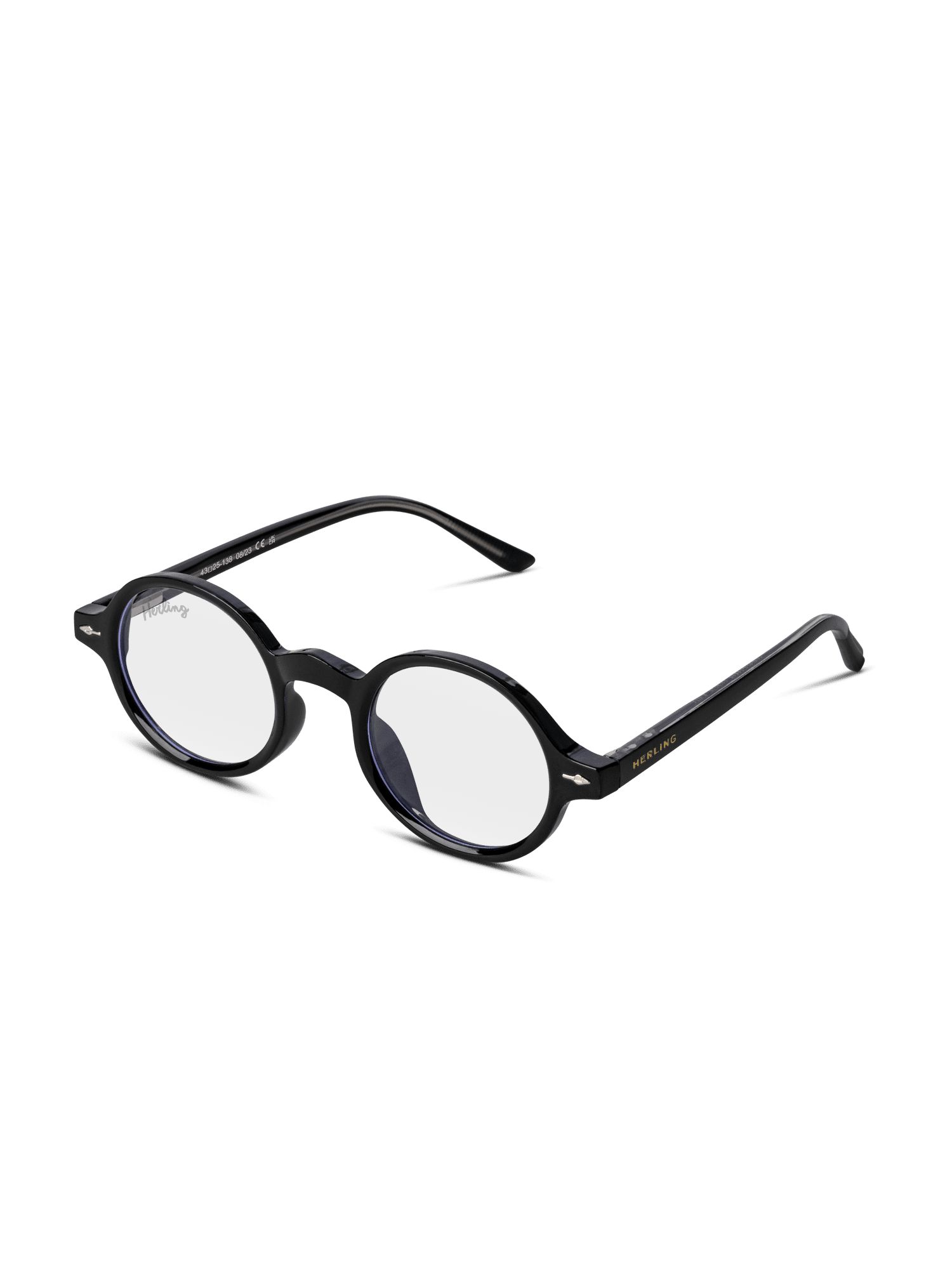 Occhiali neri con lenti rotonde. Logo Herling sull'asta. Modello unisex.