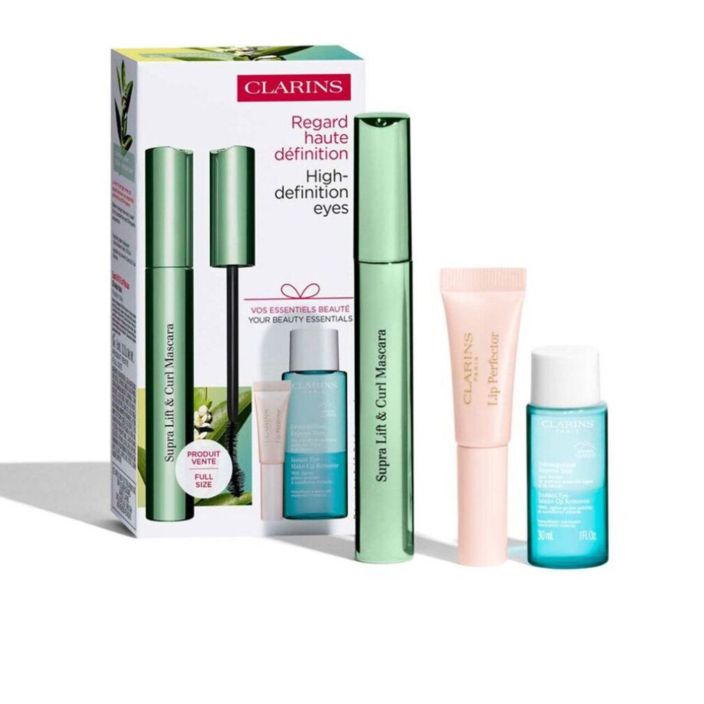 Set regalo con mascara, struccante occhi e trattamento labbra. Tubi di mascara verdi e confezione con testo.