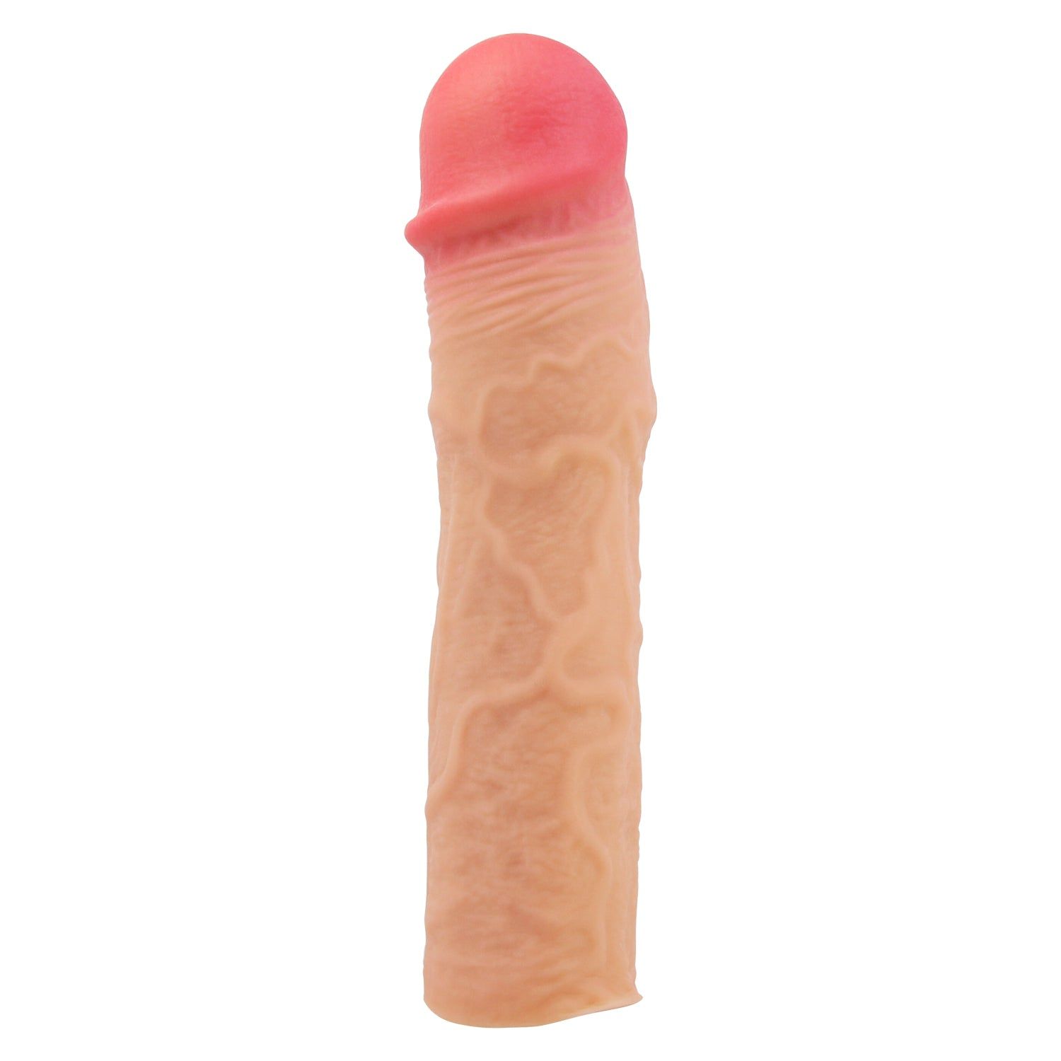 Prolunga per pene beige con testa rosa. Superficie nervata, forma anatomica. Su sfondo bianco.