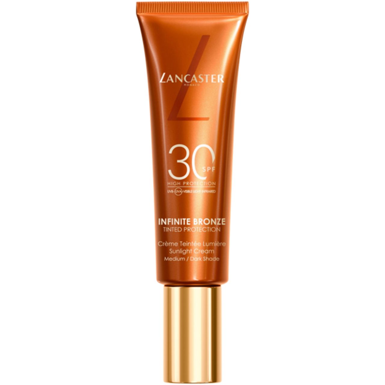 Tubo Lancaster Infinite Bronze SPF 30. Arancione, tappo dorato. Informazioni prodotto visibili.