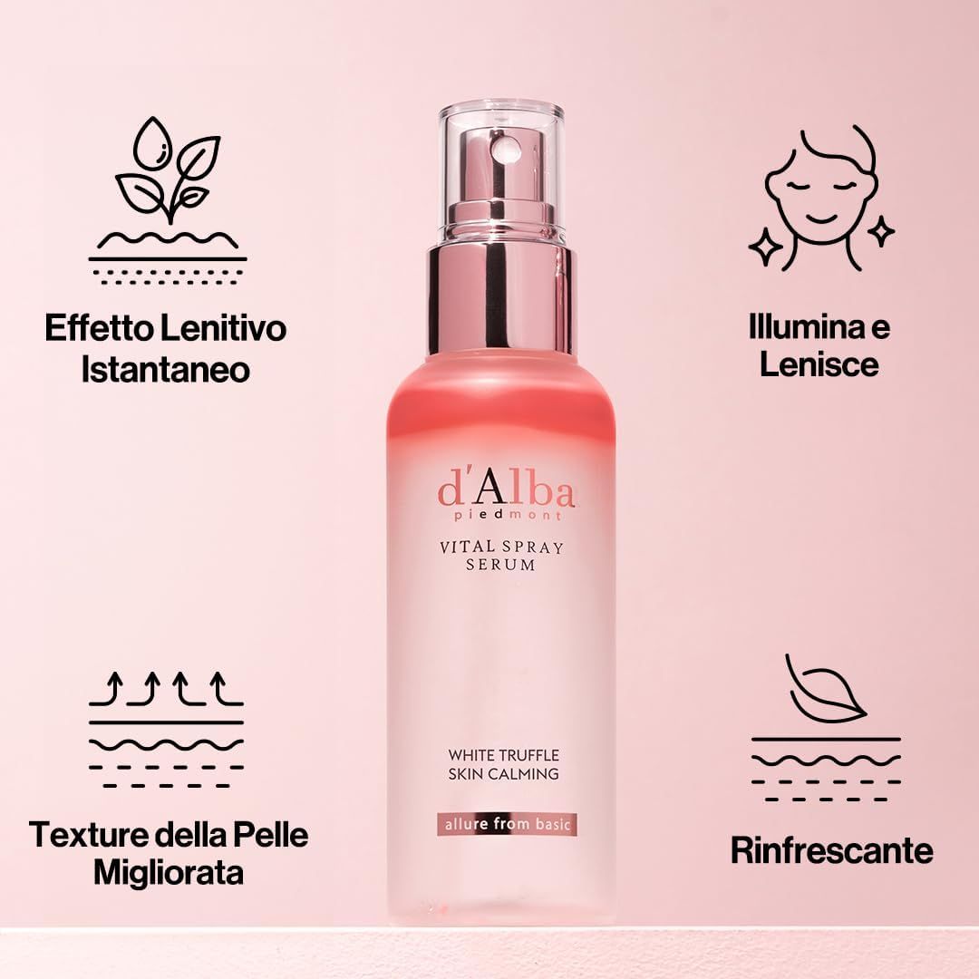 Flacone spray siero con icone: Effetto Lenitivo Istantaneo, Illumina e Lenisce, Texture della Pelle Migliorata, Rinfrescante.