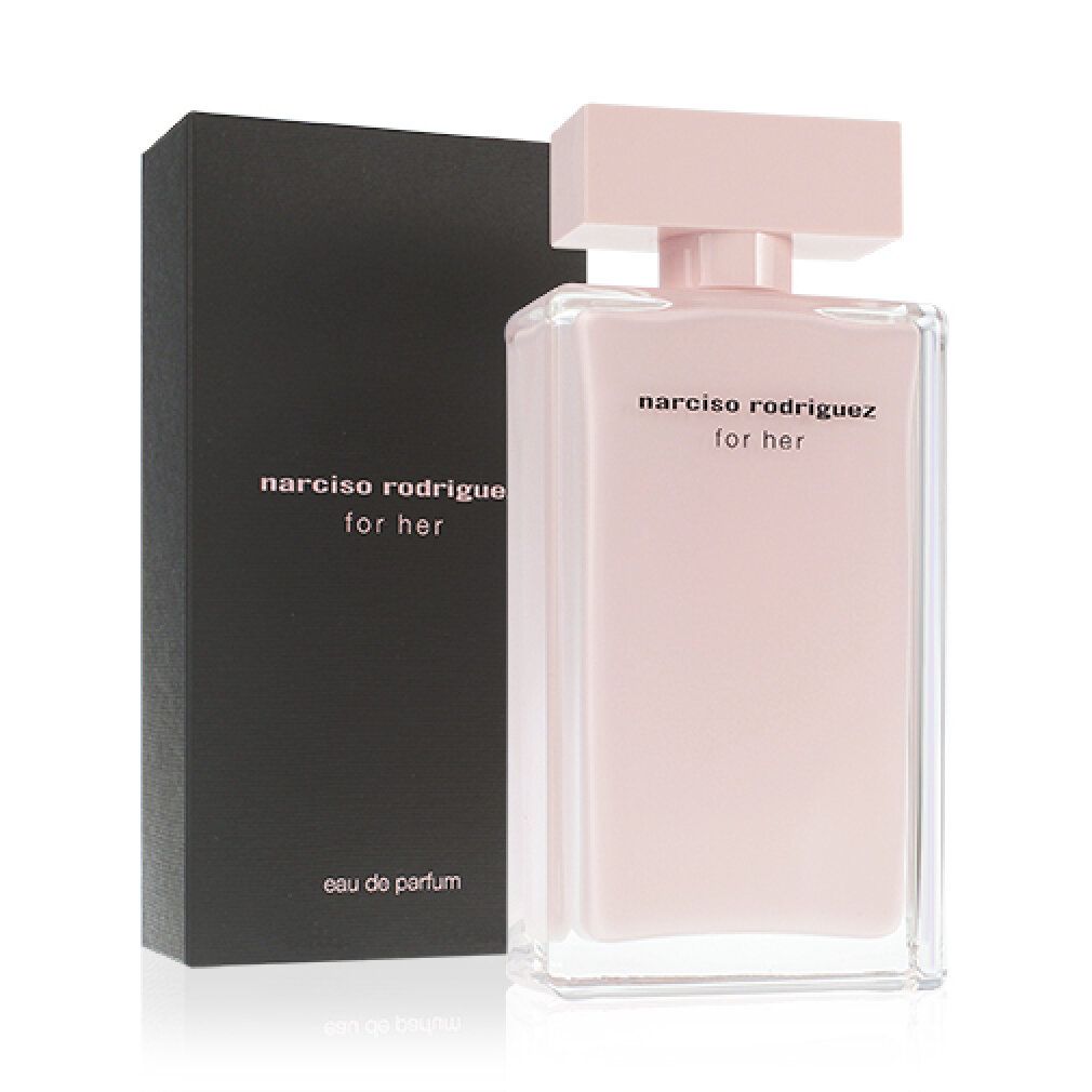 Flacone rosa con confezione nera. Scritta "narciso rodriguez for her eau de parfum".