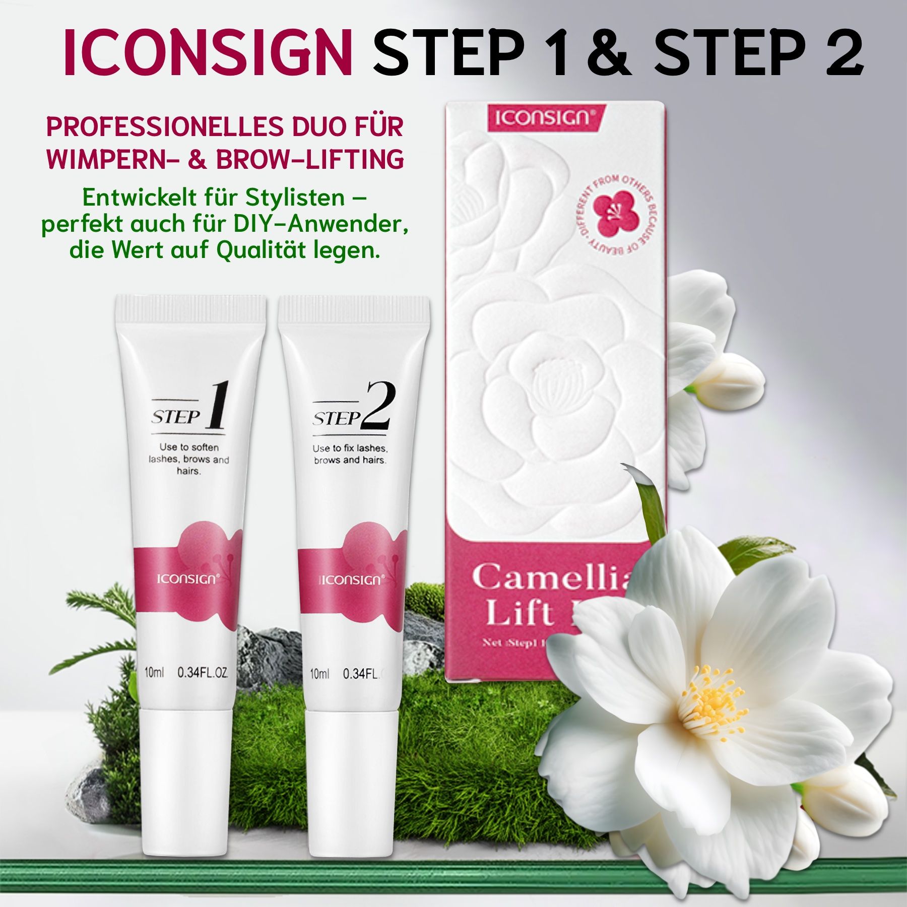 Due tubi con "STEP 1" e "STEP 2" accanto a una confezione con "ICONSIGN" e "Camellia Lift". Decorazioni floreali e verdi.