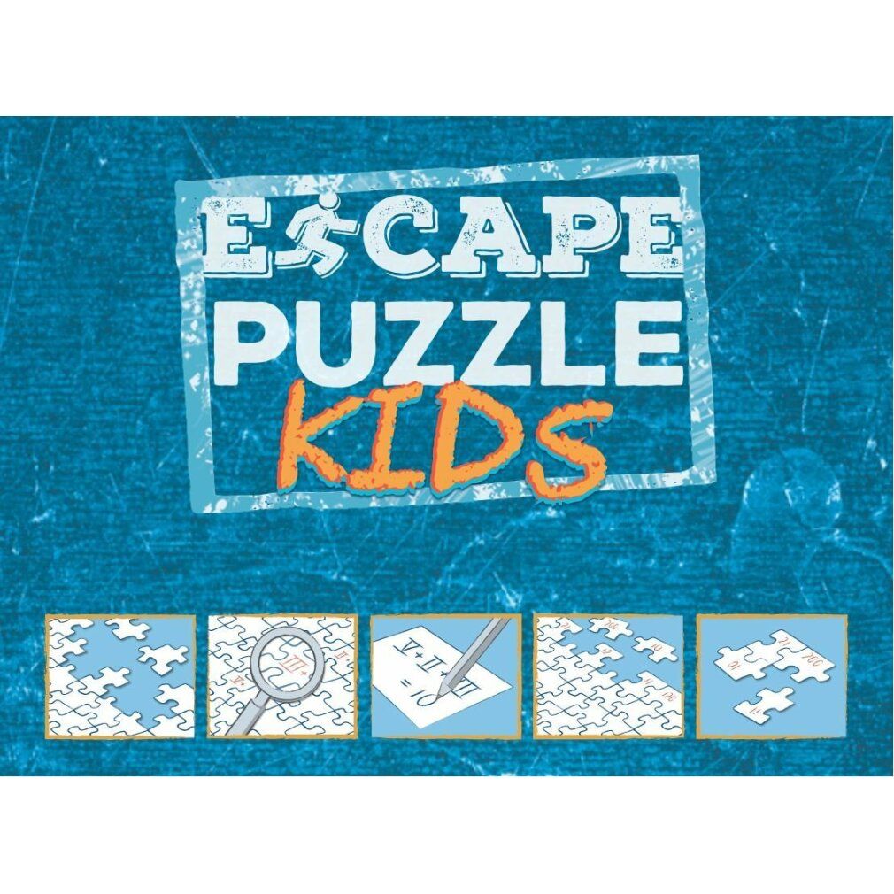 Sfondo blu con scritta 'Escape Puzzle Kids'. Illustrazioni di pezzi di puzzle, lente d'ingrandimento, penna e note.