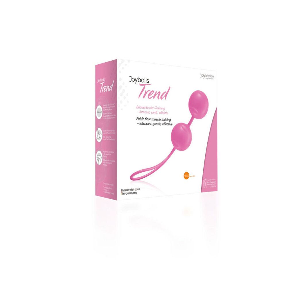 Joyballs® Trend rosa in confezione. Due sfere con connettore e anello. Scritta: Allenamento del pavimento pelvico.