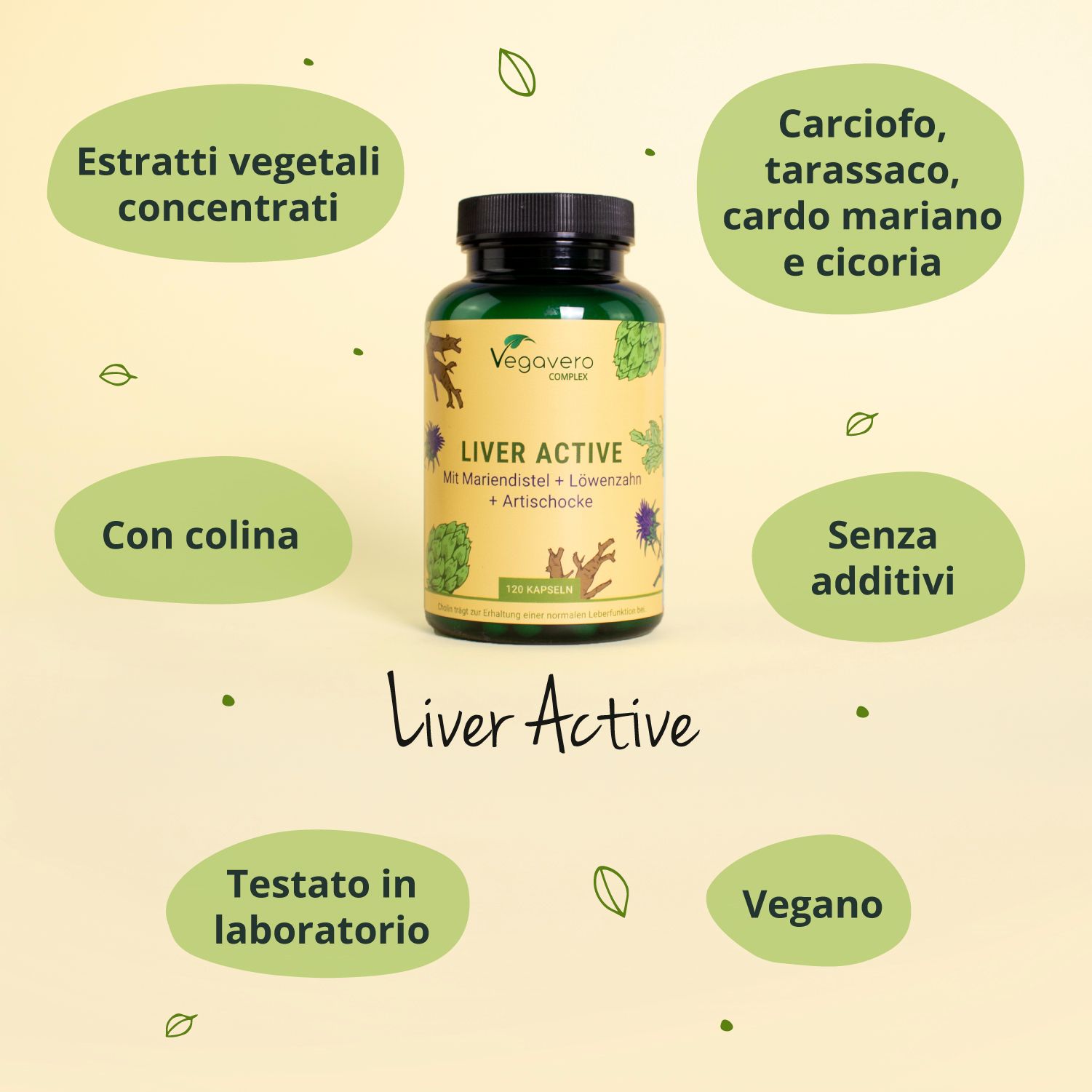 Flacone Liver Active. Icone: Estratti vegetali concentrati, colina, testato in laboratorio, vegano. In italiano.