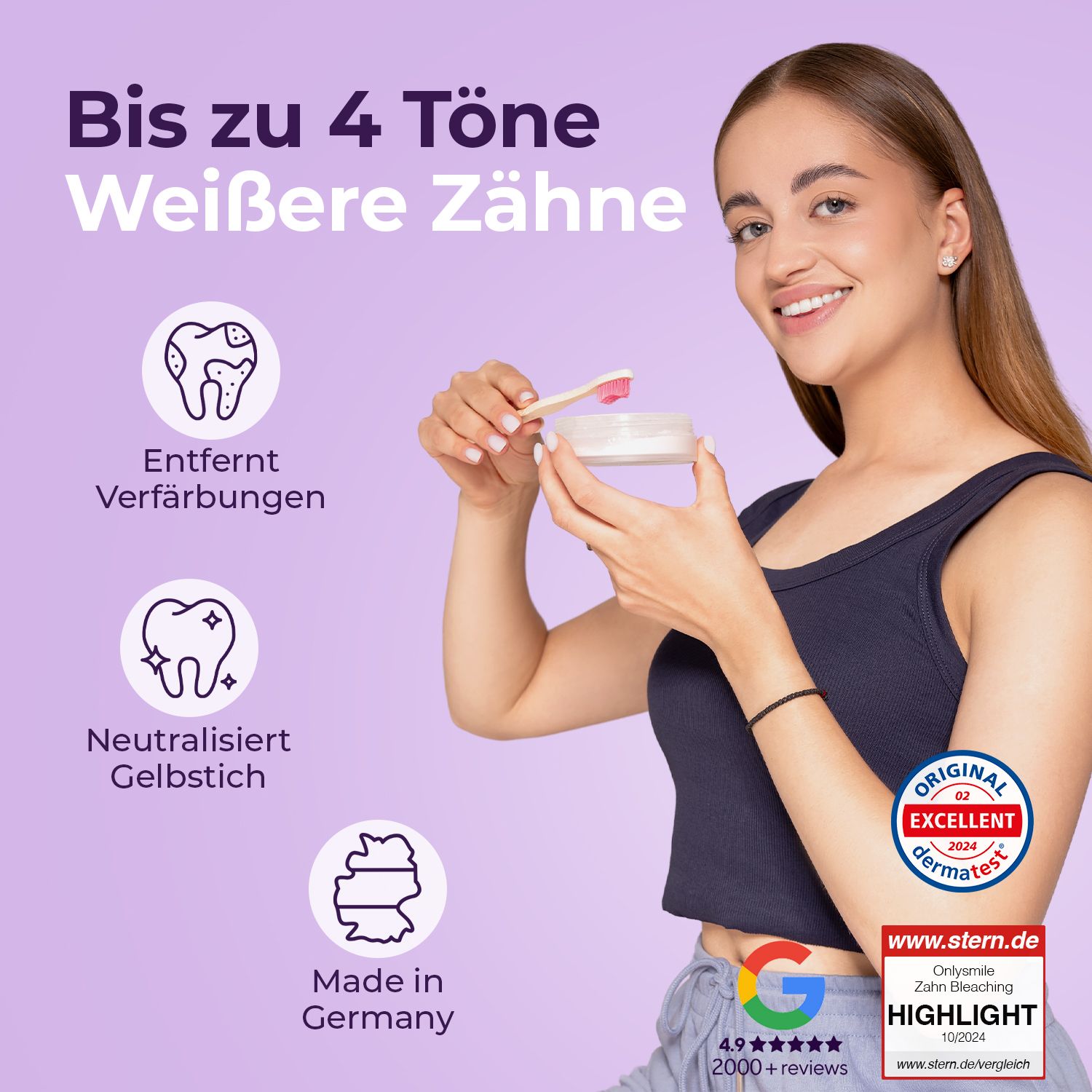 Donna con polvere dentale e spazzolino. Testo: Rimuove le macchie, neutralizza l'ingiallimento. Prodotto in Germania.