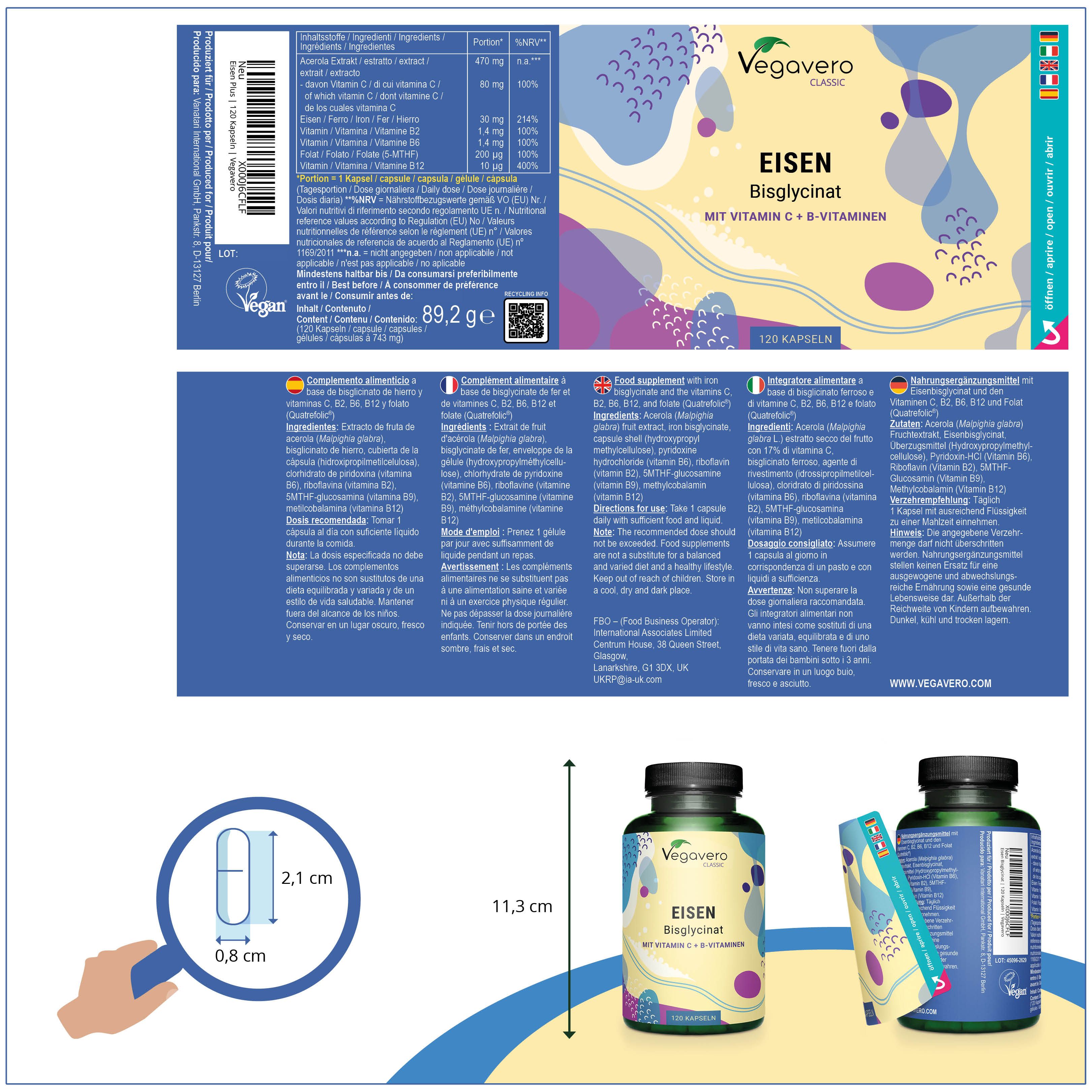 Confezione del prodotto con dettagli dell'etichetta e confronto dimensioni capsule. Marchio Vegavaro.