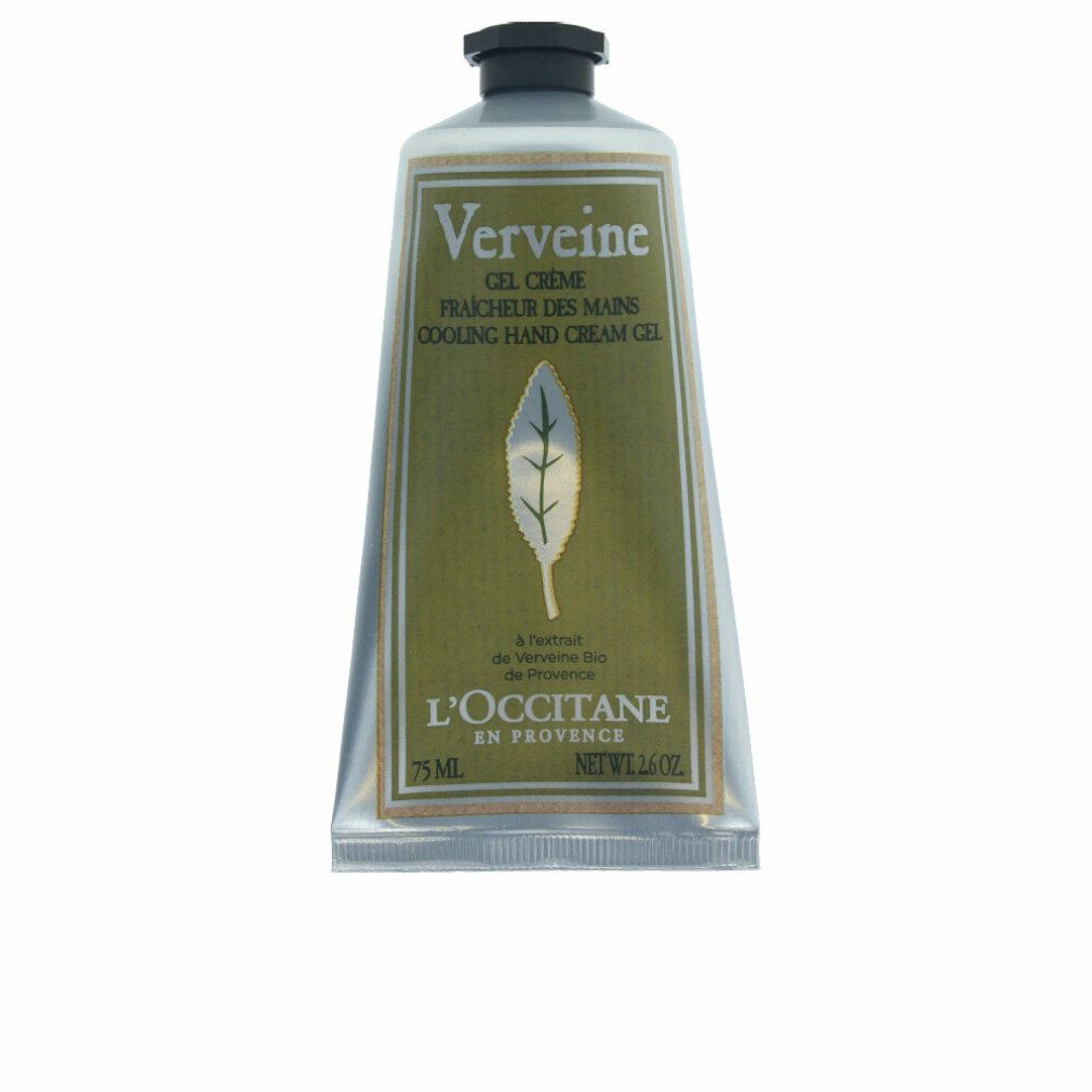Tubo di gel crema mani. Scritta Verveine, simbolo foglia, L'Occitane. 75 ml. Tappo nero.