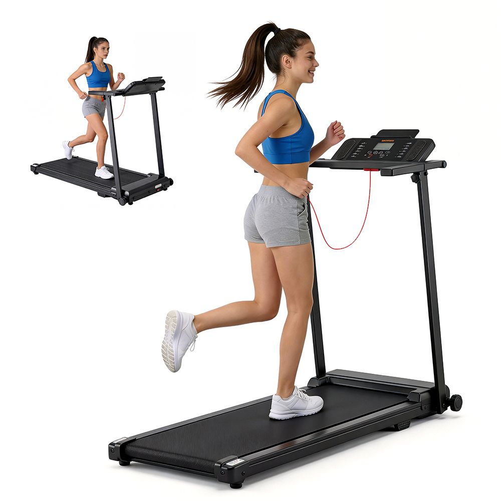 Donna che corre su un tapis roulant nero. Piccola immagine: donna sul tapis roulant. Smartphone con display dell'app.