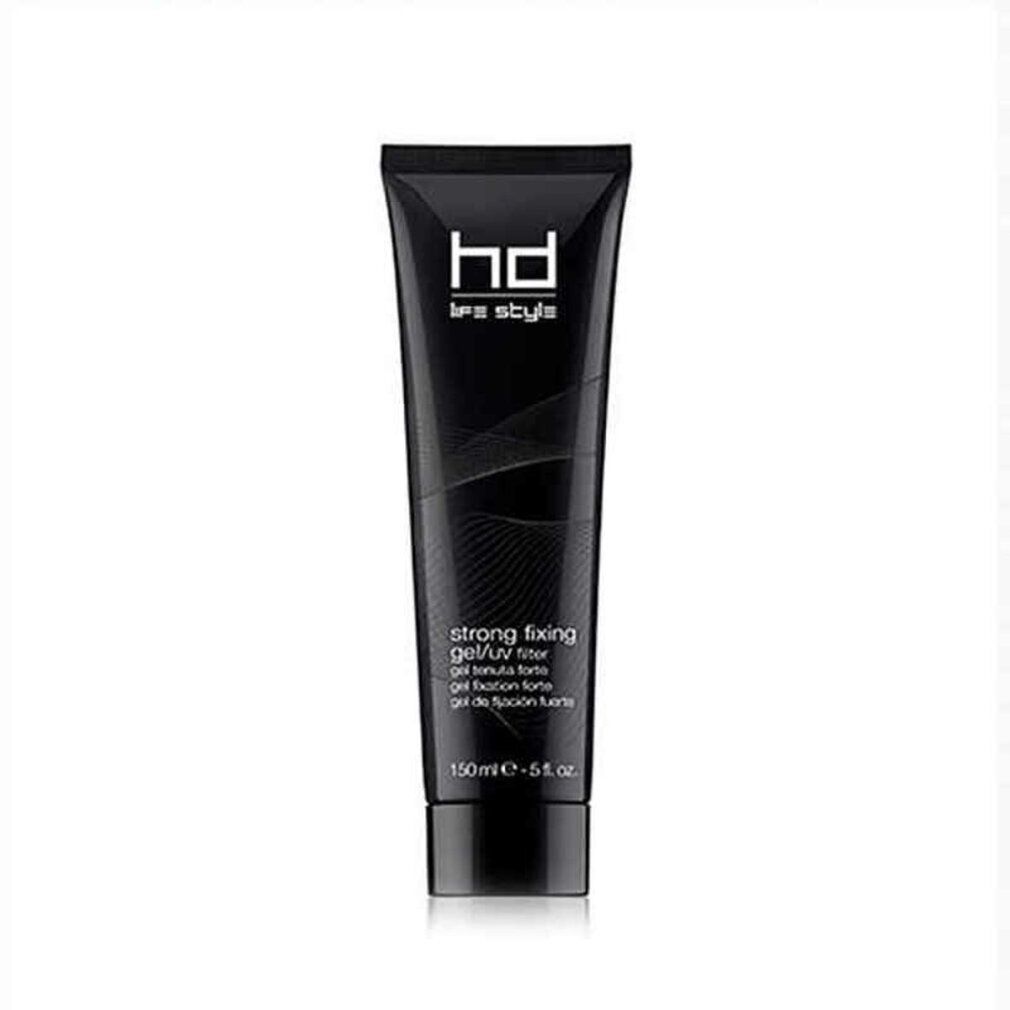 Tubo nero con logo "hd life style". Testo: "strong fixing gel/UV filter". Volume: 150 ml. Confezione del prodotto.