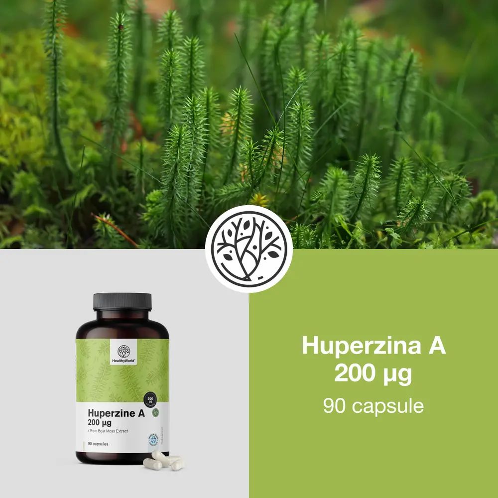 Huperzina A 200 µg. Flaconi marroni con capsule. Sfondo verde. Logo HealthyWorld.