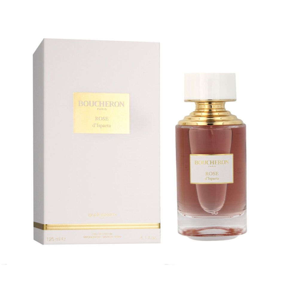 Flacone di profumo e confezione. Flacone rosa, tappo dorato. Confezione bianca, etichetta dorata. Scritta: Boucheron.