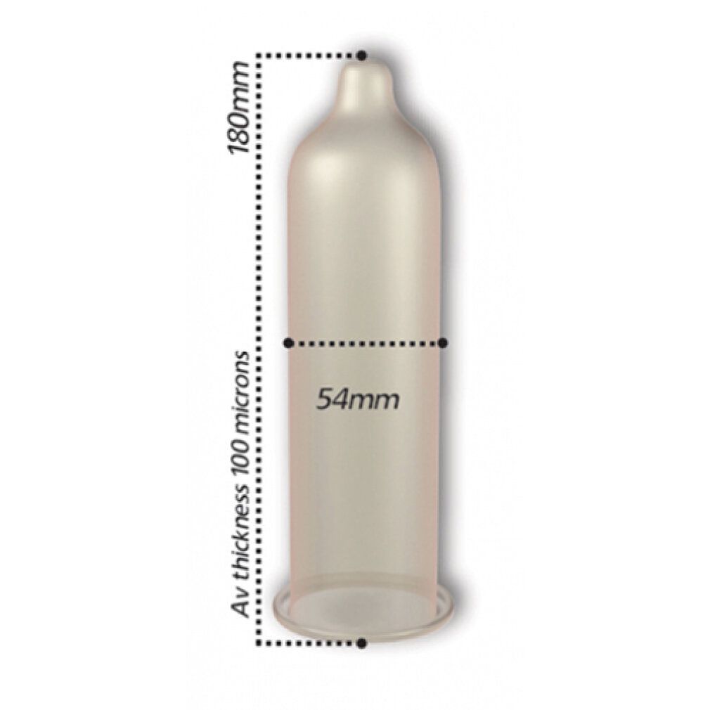 Preservativo trasparente. Dimensioni: 180mm di lunghezza, 54mm di larghezza, spessore 100 micron.