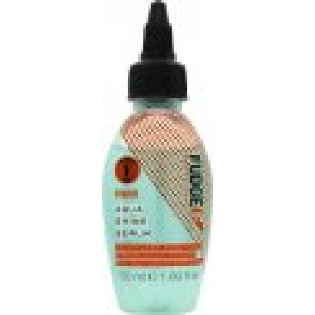Flacone con tappo nero. Scritta: Aqua Shine Serum, Fudge Professional. Dettagli etichetta arancioni e bianchi. 50 ml.