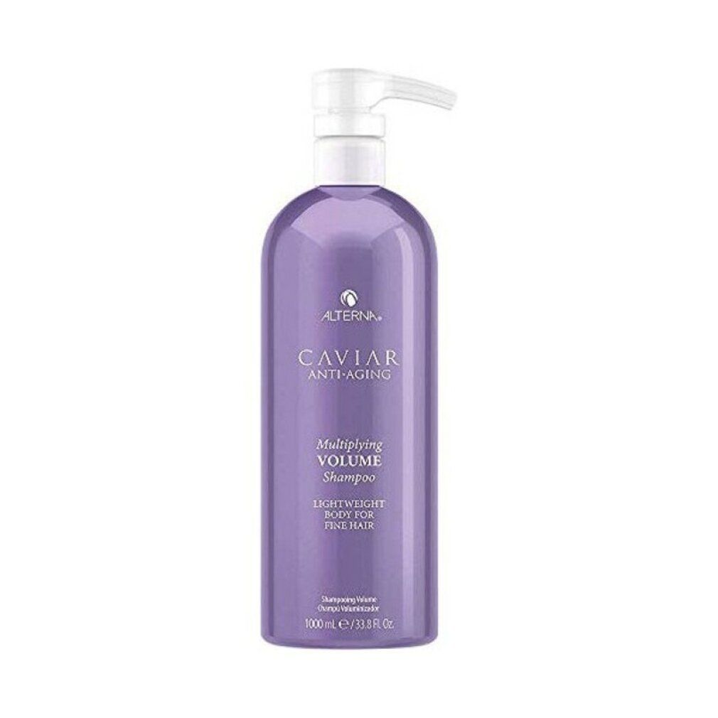 Flacone di shampoo viola con dosatore. Scritta: Alterna Caviar Anti-Aging, Multiplying Volume Shampoo, per capelli fini.