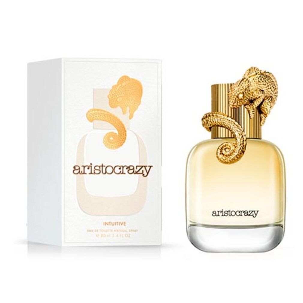 Flacone di profumo e confezione. Flacone con tappo dorato e decorazione a rettile. Scritta: aristocrazy. Confezione con logo.