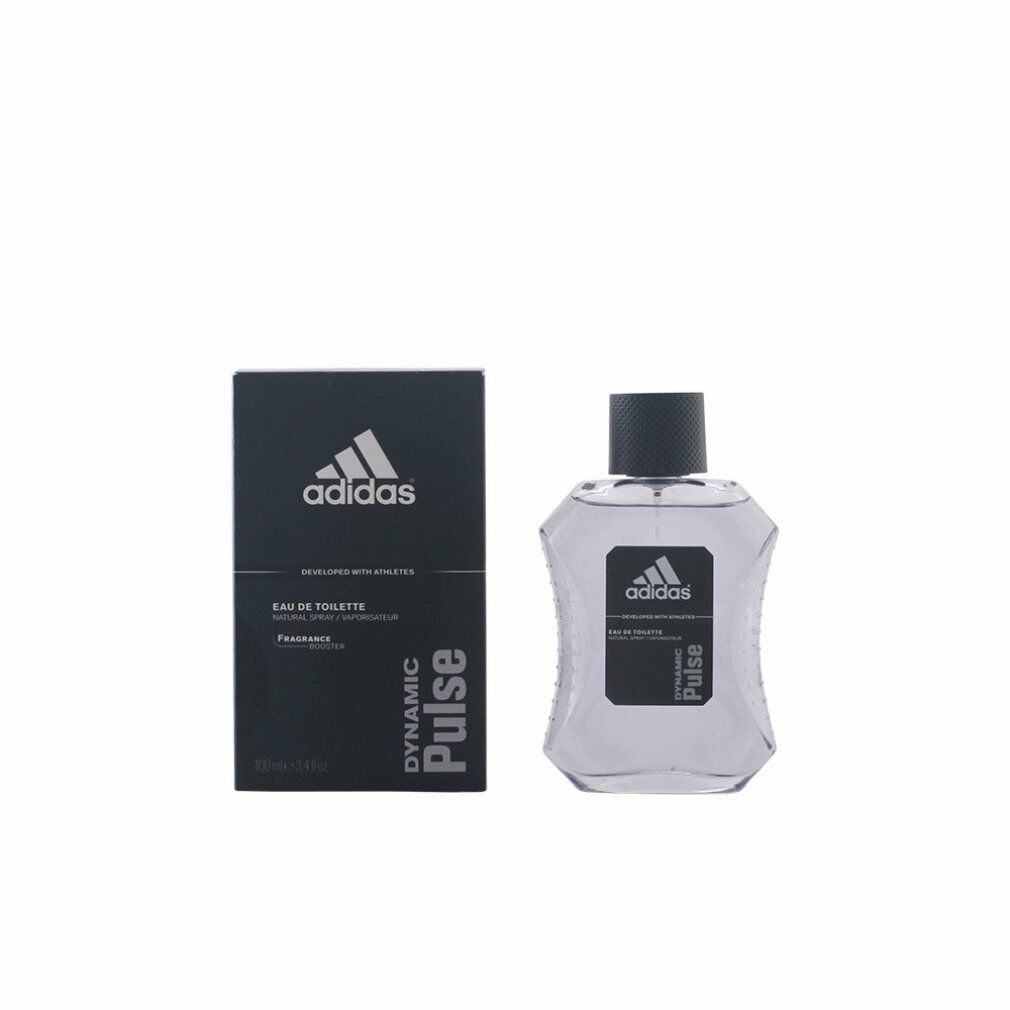 Flacone e confezione. Confezione nera con logo Adidas e scritta Dynamic Pulse. Flacone accanto.