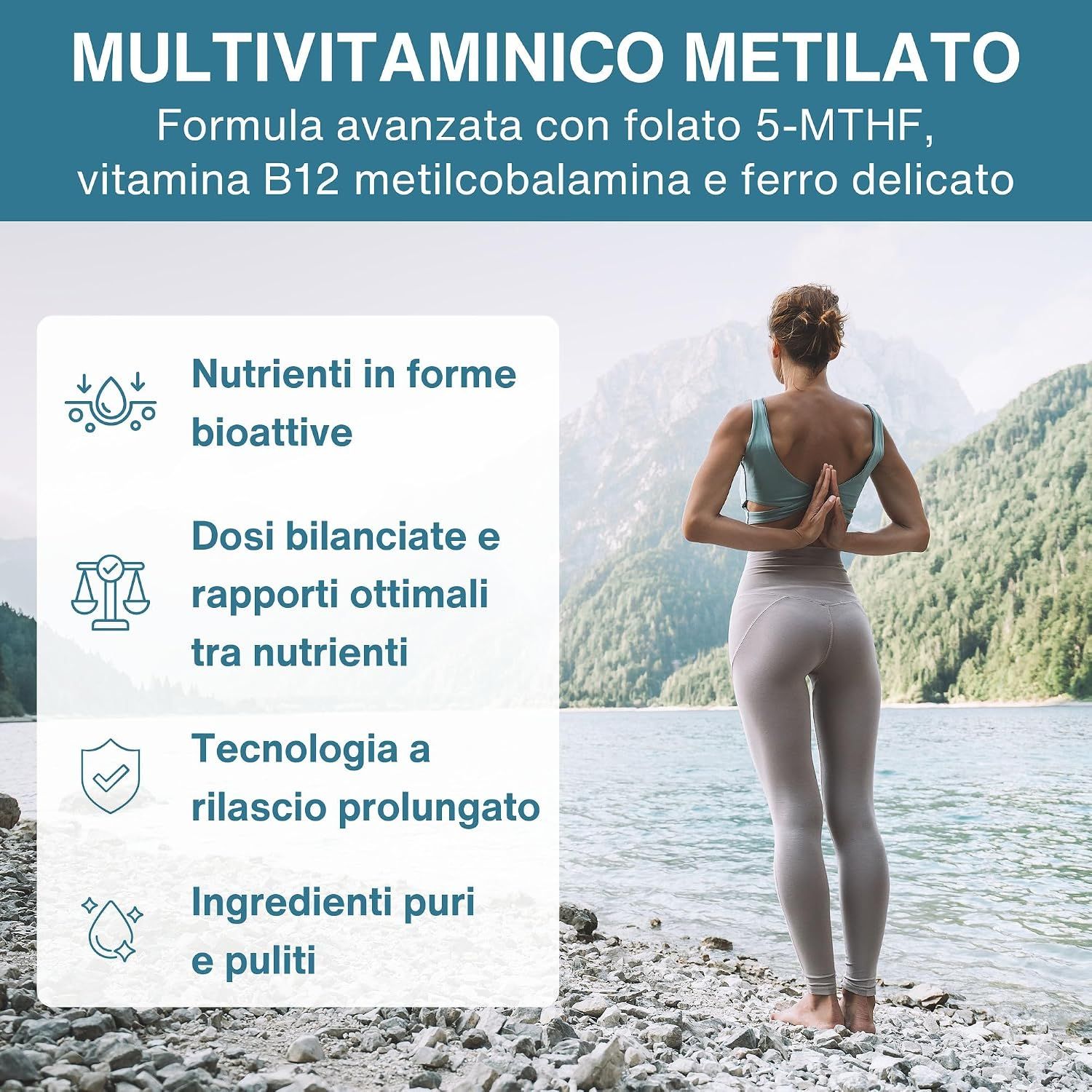 Donna in posa yoga davanti a paesaggio montano, con simboli di nutrienti bioattivi.