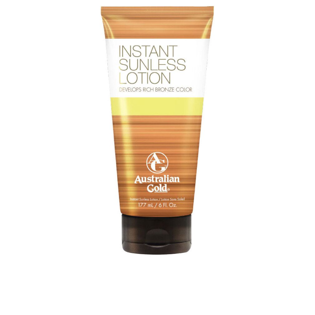 Tubo di Australian Gold Instant Sunless Lotion. Confezione marrone, testo bianco e arancione. Contiene 177 ml.
