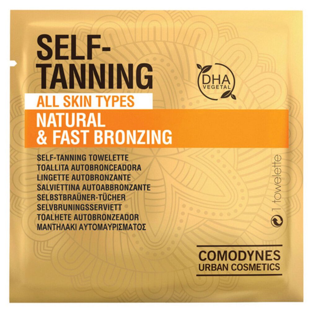 Salvietta autoabbronzante Comodynes. Logo "Self-Tanning Natural & Fast Bronzing". Per tutti i tipi di pelle. Sigillo DHA Vegetale.