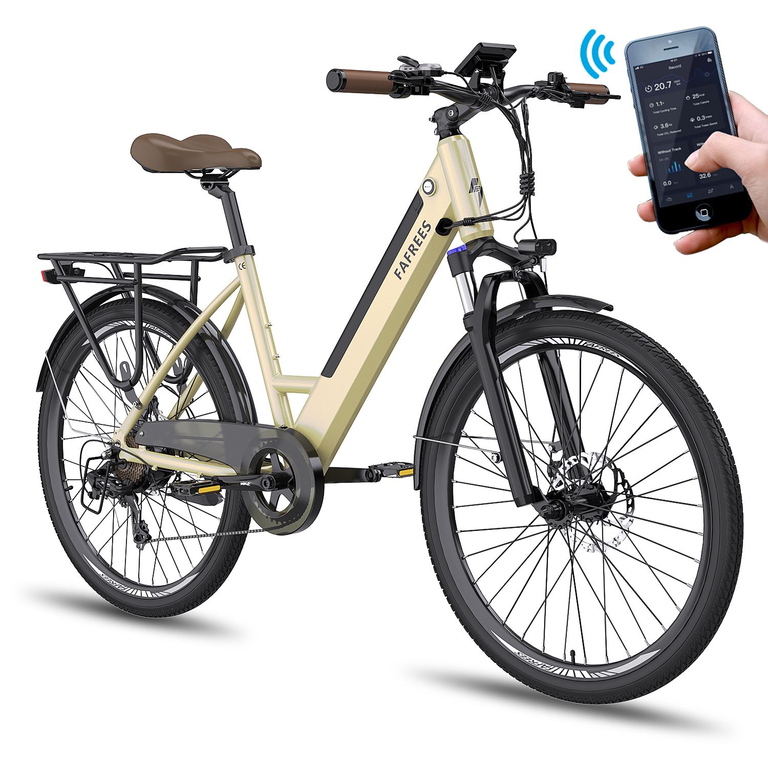 Bicicletta elettrica beige con connessione smartphone. Marchio FAFREES. Telaio nero, portapacchi, sella marrone.