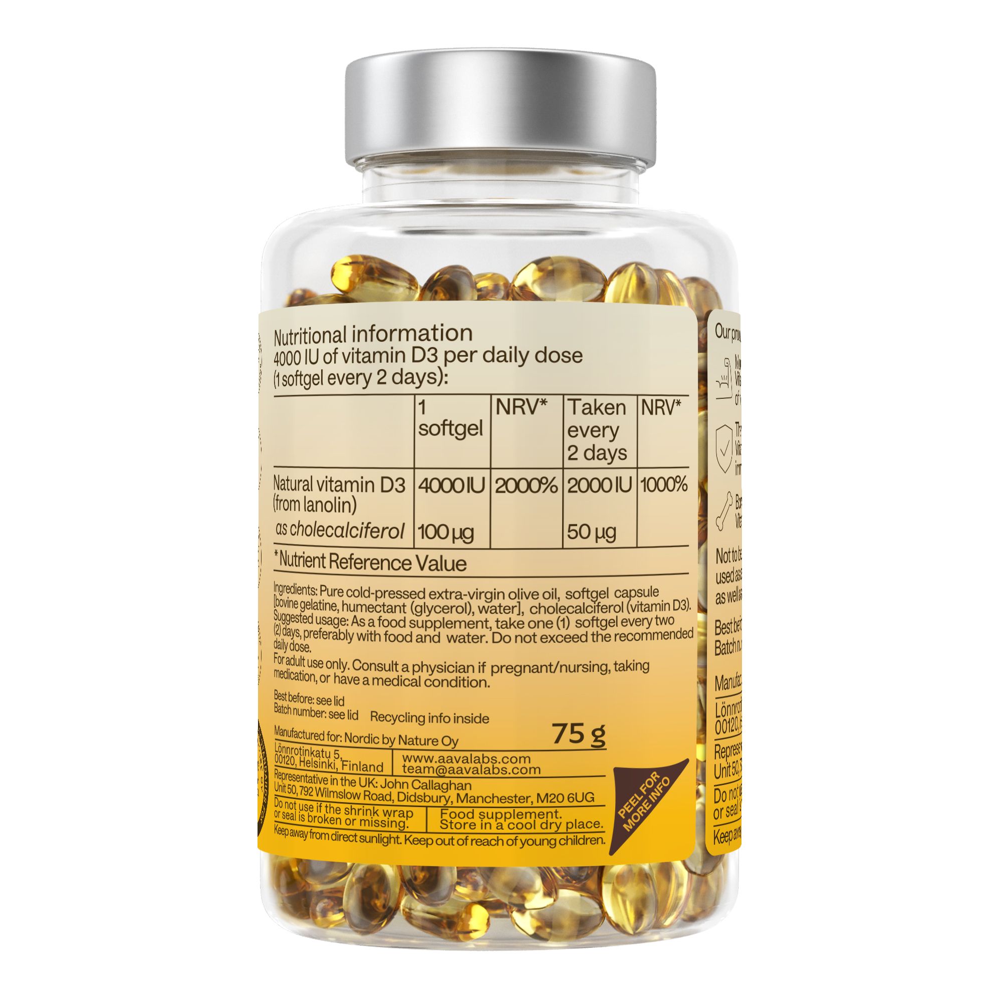 Retro del flacone di vitamina D3. Informazioni nutrizionali: 4000 UI di vitamina D3 per dose giornaliera. Ingredienti e consigli.