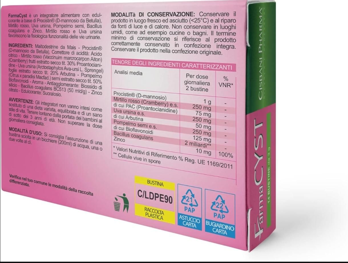 Cisbani Pharma Farmacyst 14 bustine - Integratore per Vie Urinarie con D Mannosio