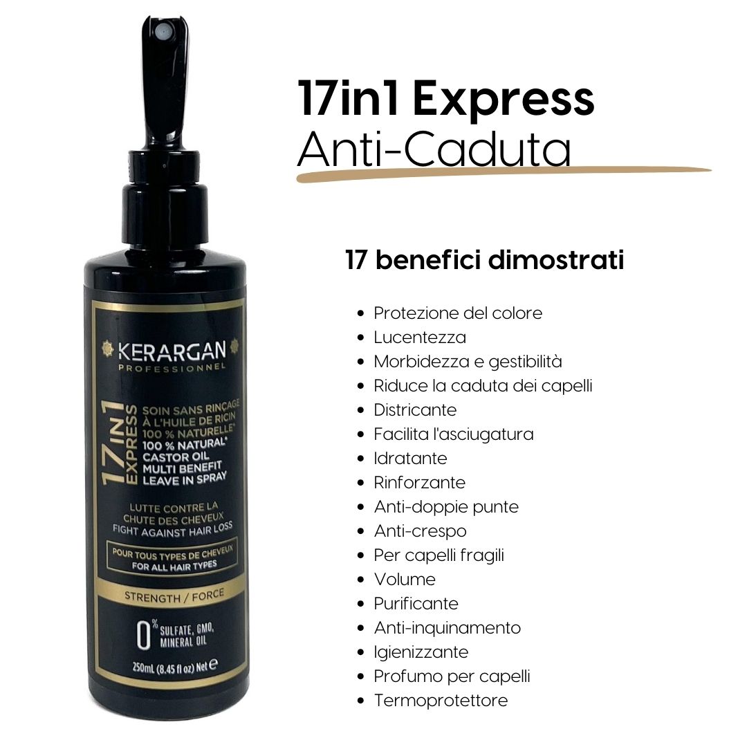 Flacone spray nero con scritte dorate, Kerargan 17in1 Express Anti-Caduta, 250ml.