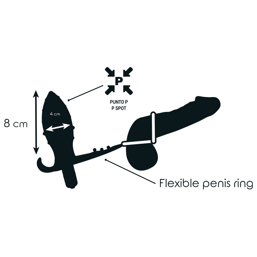 Illustrazione in bianco e nero di un plug anale con doppio anello per il pene. Dimensioni: 8 cm di lunghezza, 4 cm di larghezza.