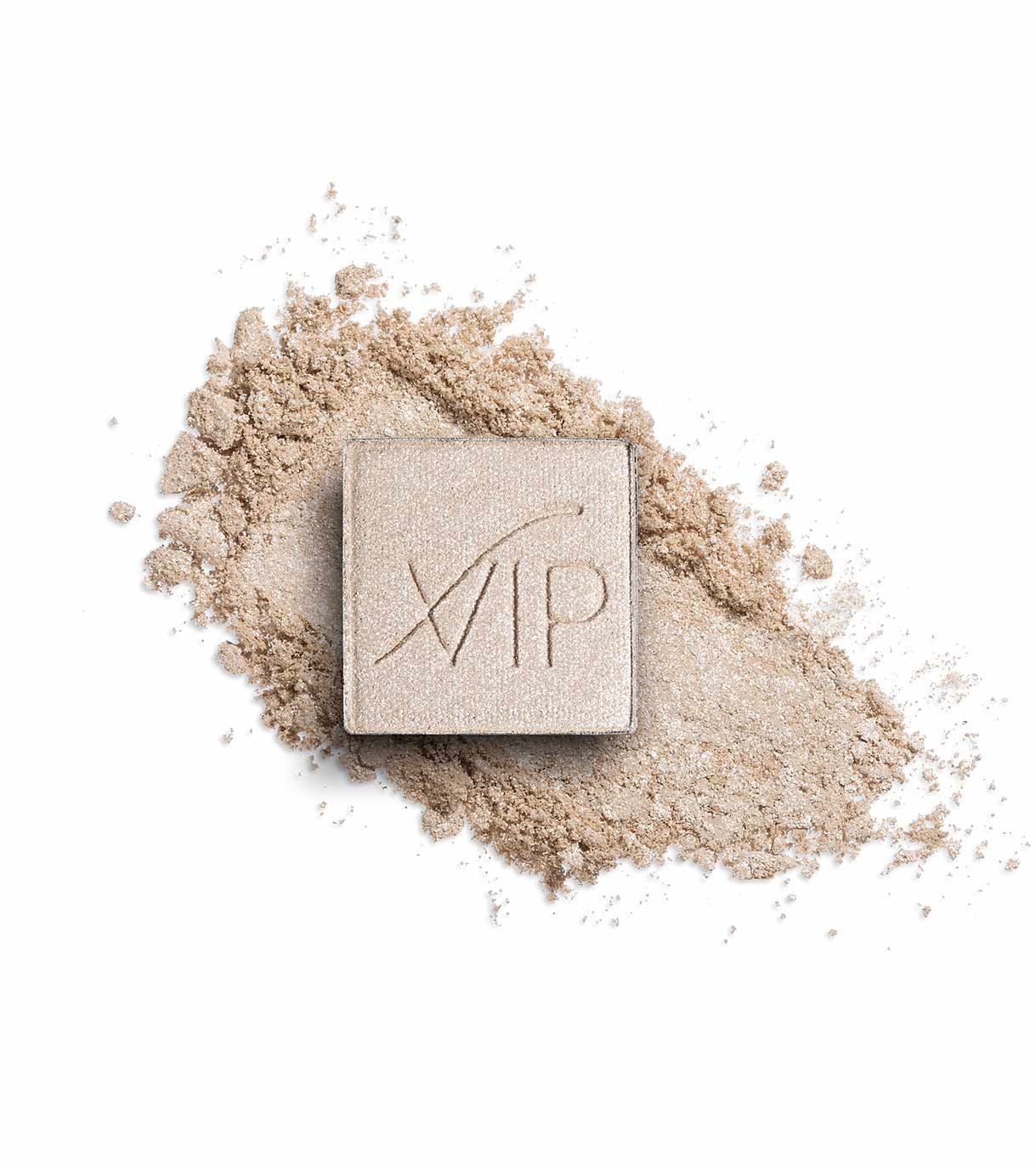 Un ombretto quadrato e chiaro con il logo "VIP" e una dispersione di polvere accanto.