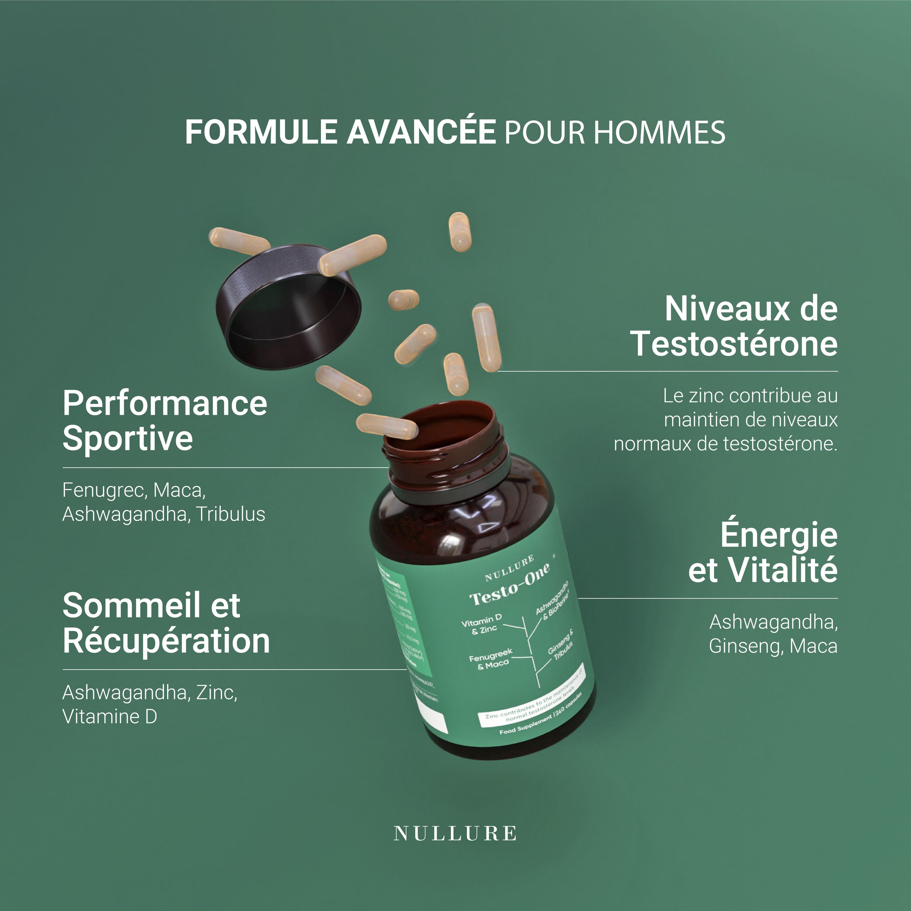 Capsule e flacone Nullure Testo-One con spiegazioni su ingredienti e benefici.