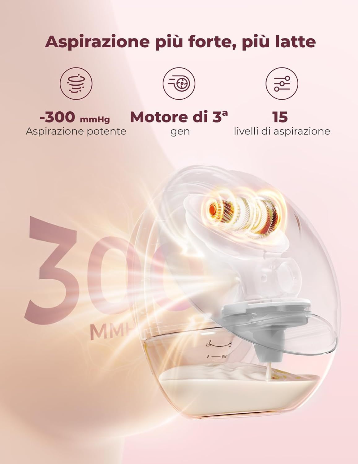 Tiralatte Momcozy: Aspirazione potente (-300 mmHg), motore 3a gen, 15 livelli.