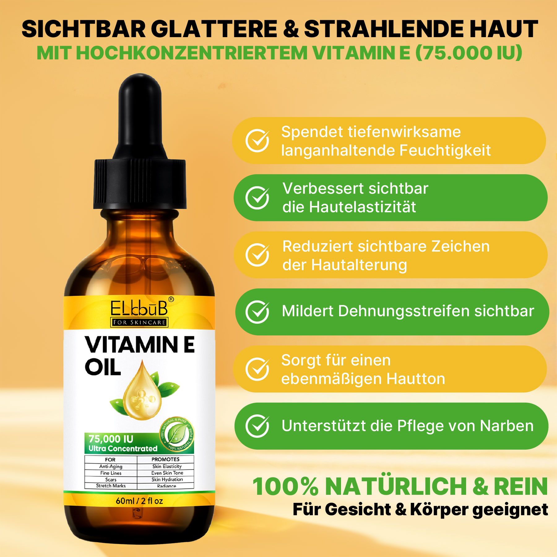 Flacone in vetro marrone con contagocce, riempito con olio di vitamina E. L'etichetta mostra "VITAMIN E OIL" e "75.000 IU Ultra Concentrated".
