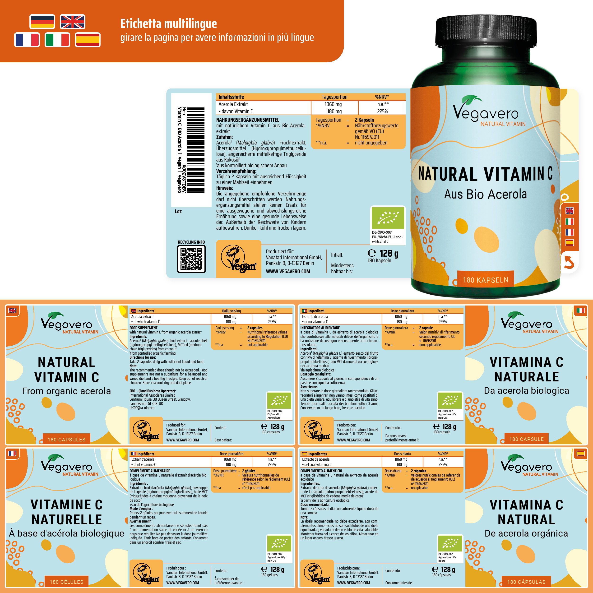 Etichetta multilingue con informazioni. Bottiglia con NATURAL VITAMIN C. Sigillo vegano. Certificazione Bio. 180 capsule.
