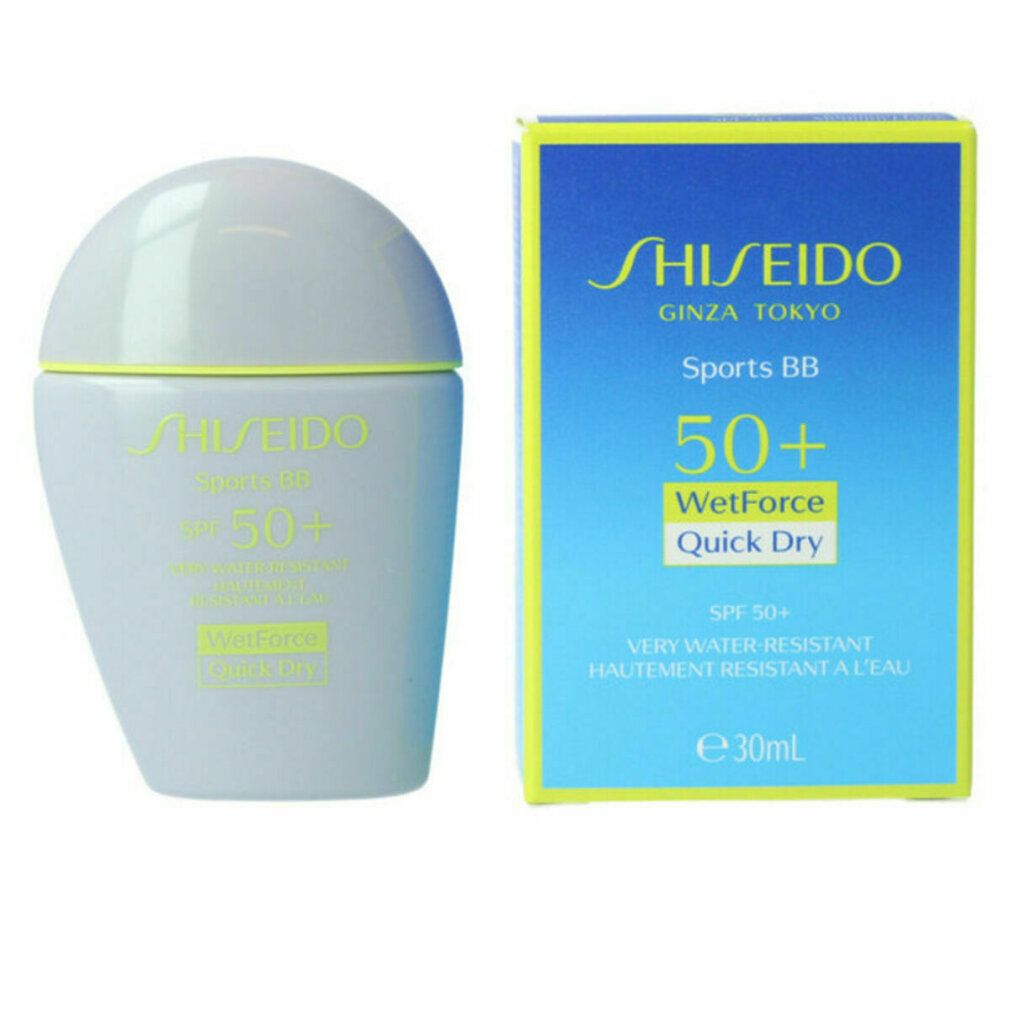Shiseido Sports BB, 50+ WetForce Quick Dry. Flacone bianco, scritte gialle. Confezione blu con logo e testo.