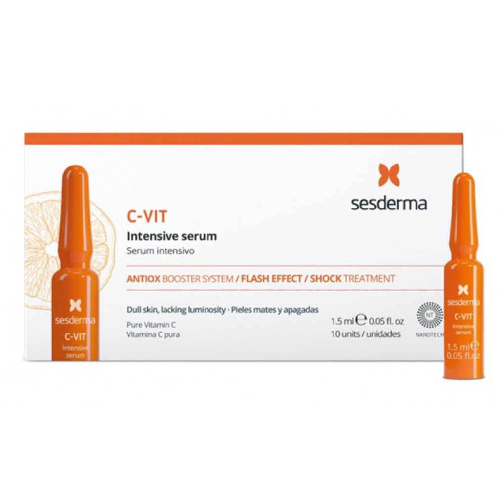 Confezione e fiale Sesderma C-VIT Intensive Serum. Fiale arancioni, testo bianco. Due fiale visibili.