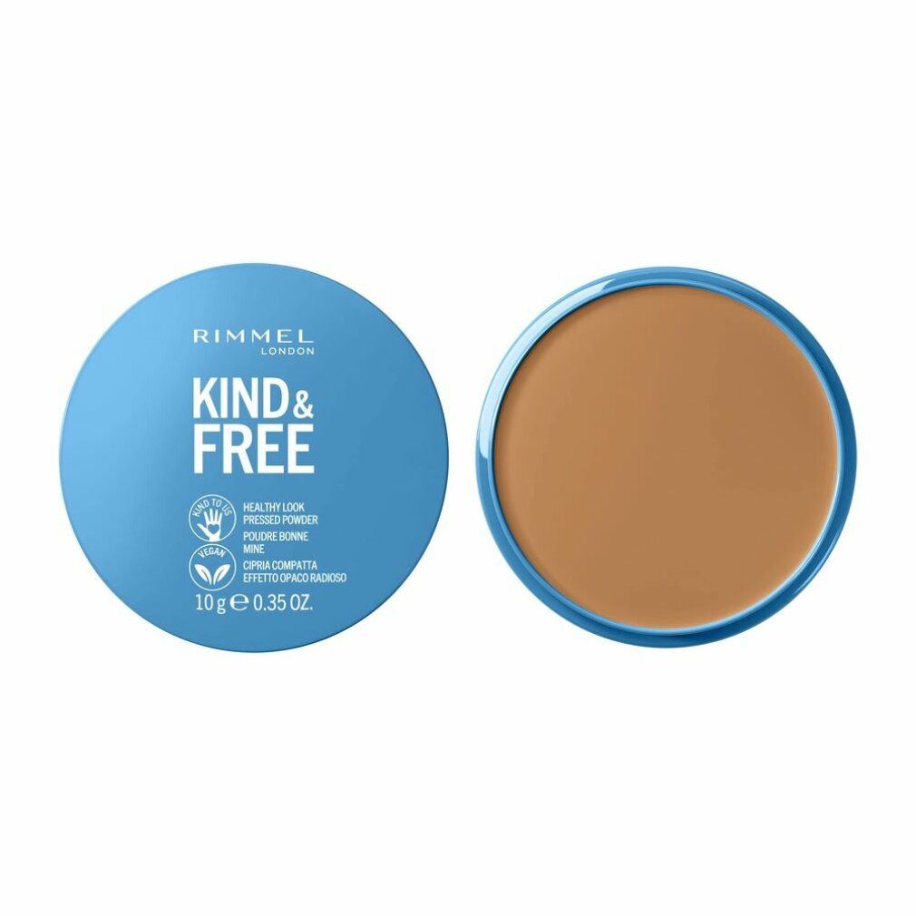Cofanetto rotondo blu chiaro con cipria marrone chiaro. Scritta: Rimmel London Kind & Free. Logo vegano.