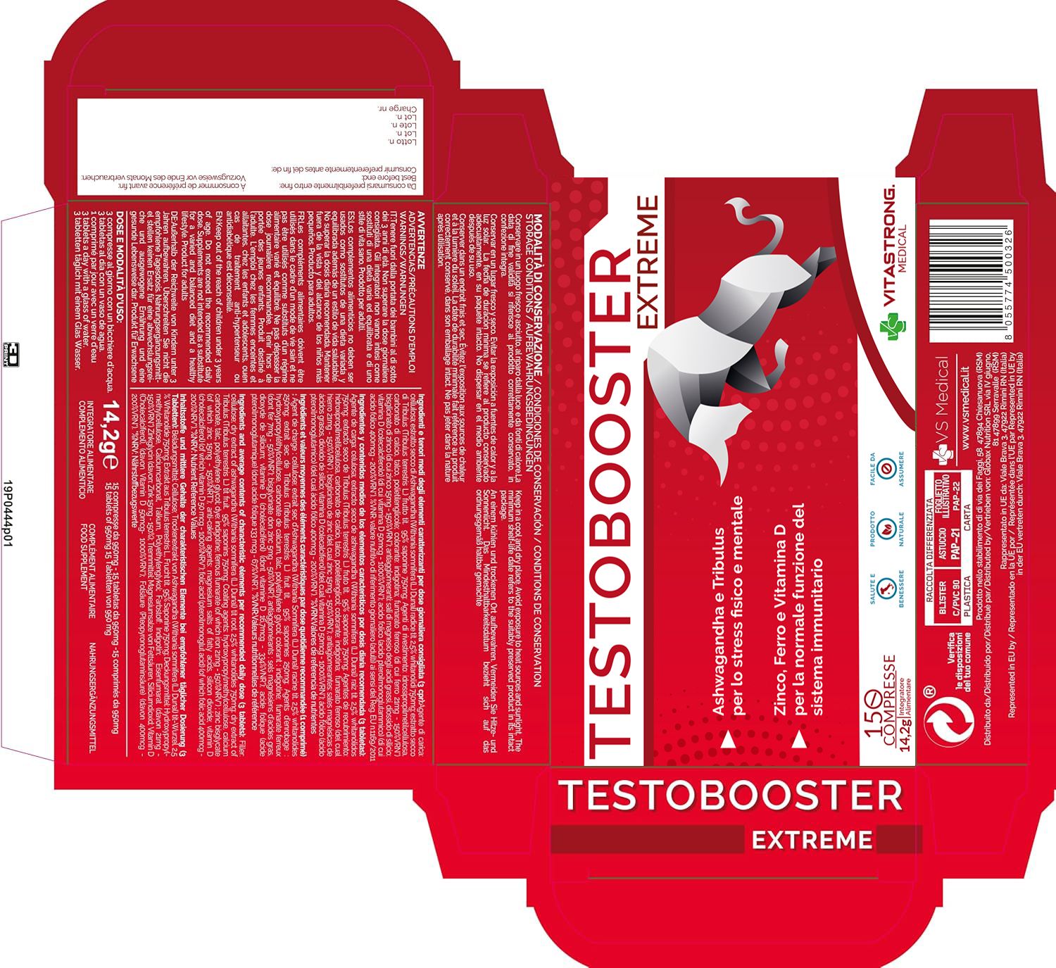 Scatola Testobooster Extreme. 15 compresse. Logo VS Medical. Su sfondo rosso.