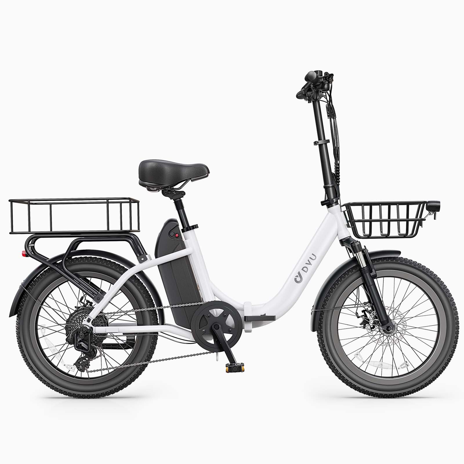 Bicicletta elettrica bianca con cestino, portapacchi, parafanghi e pneumatici neri. Logo DYU visibile.