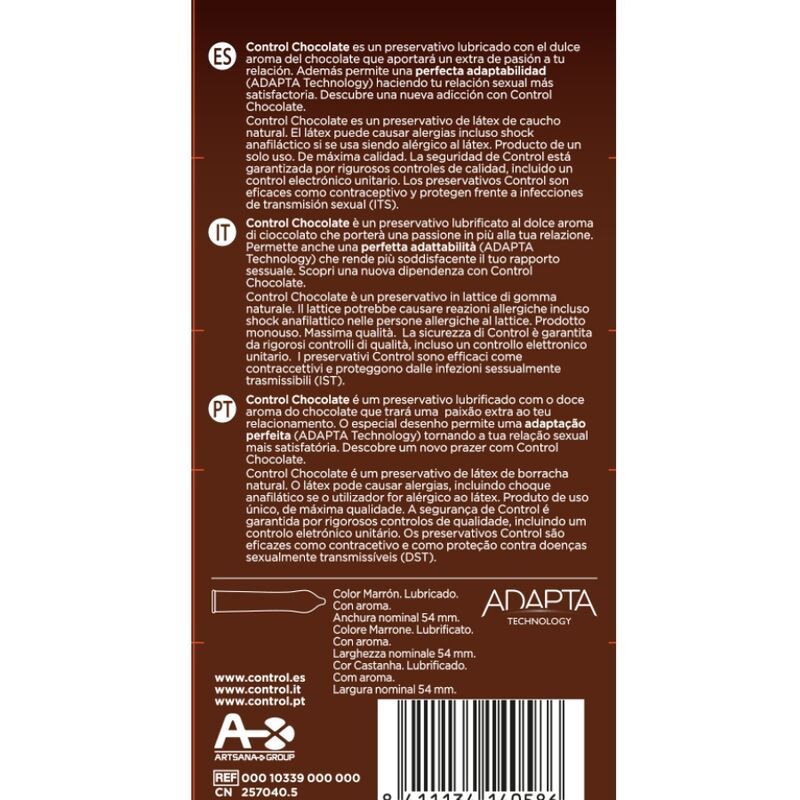 Retro della confezione dei preservativi Control Cioccolato. Contiene informazioni sul prodotto e certificazioni.