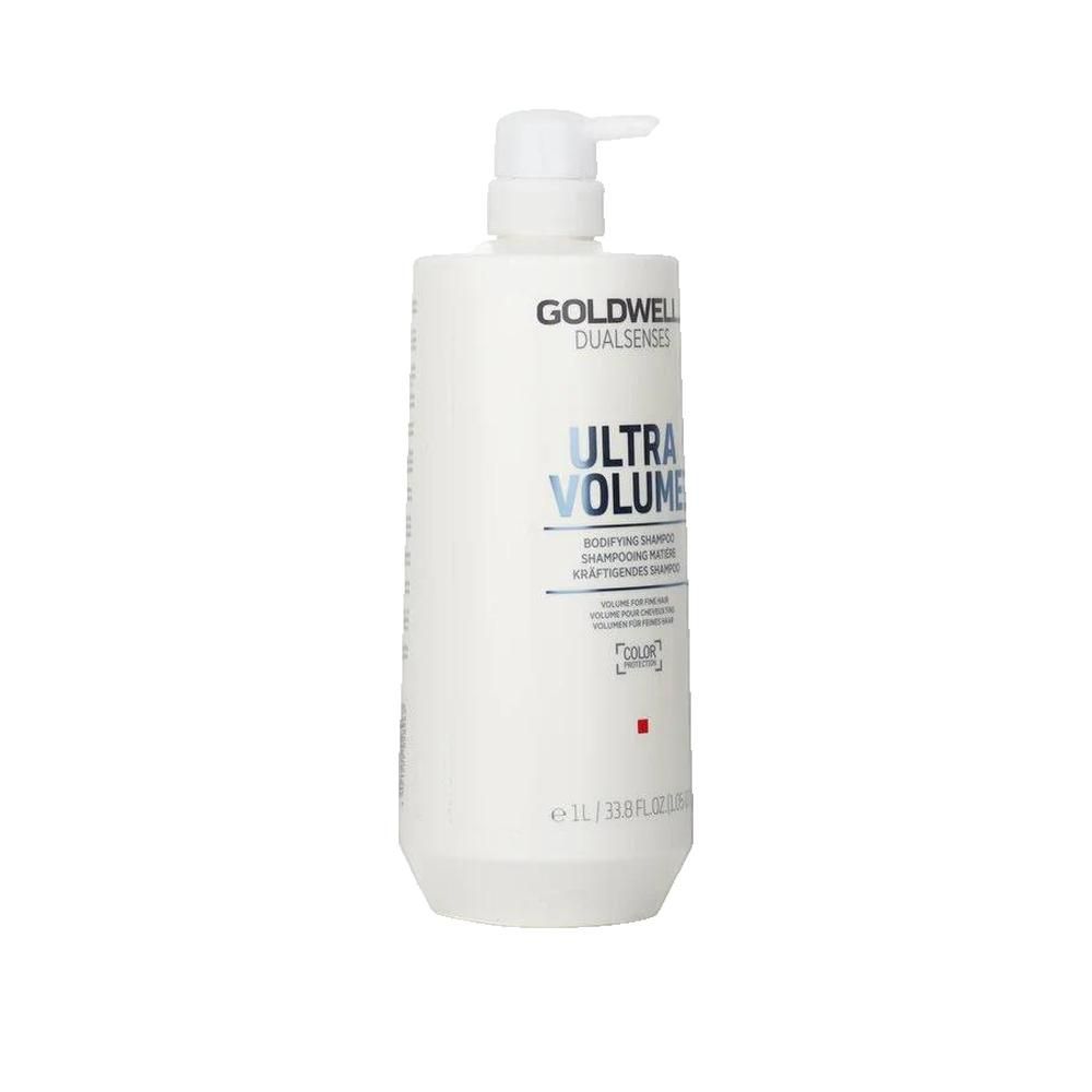 Flacone bianco Goldwell Dualsenses Ultra Volume Shampoo con pompa. Testo: Ultra Volume, Bodifying Shampoo.