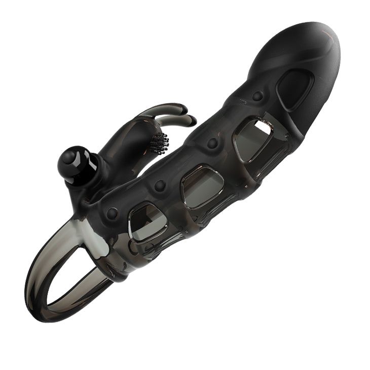 Prolunga peniena nera con aperture e stimolazione integrata. Elementi trasparenti. Design ad anello.